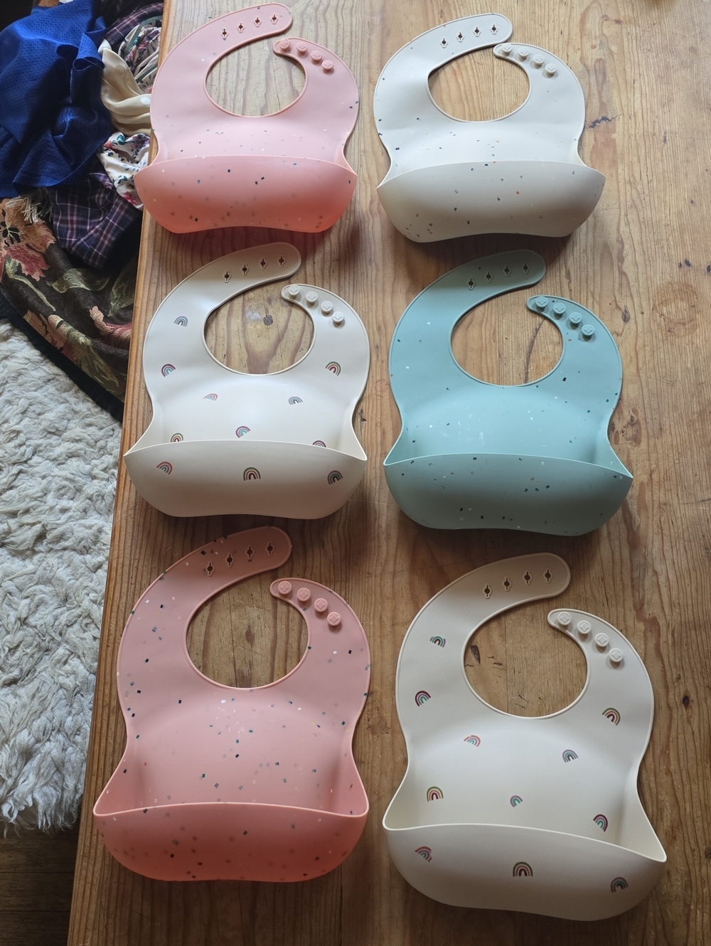 Lot Of 6 Silicone Baby Bibs with Crumb Catcher -Pink, Mint & Cream Mix By Mushie